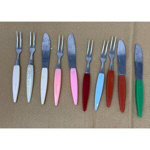 Vintage Stainless Steel Cocktail Forks Spreaders Colored Handles Japan Mixed Lot